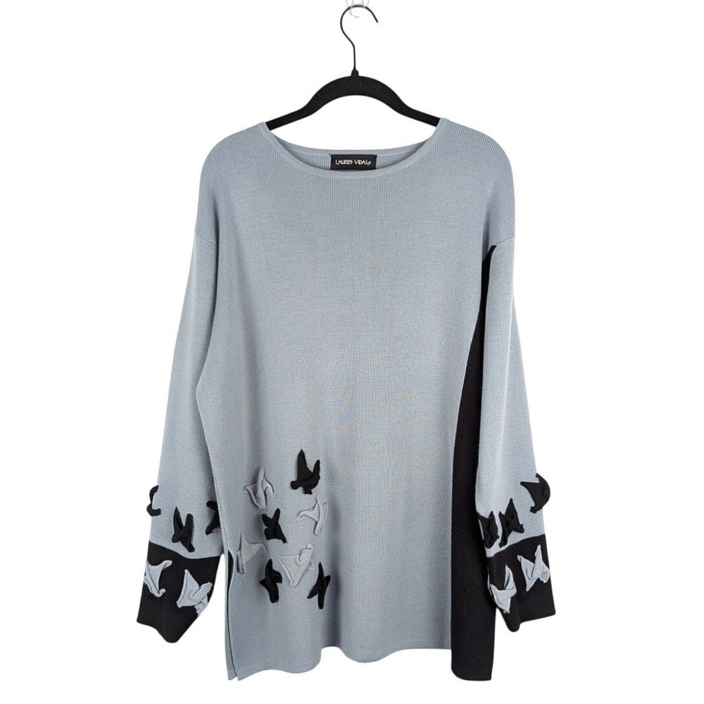 Lauren Vidal Black Gray Color Block Wool‎ Tunic Sweater L Bird Artsy Abstract
